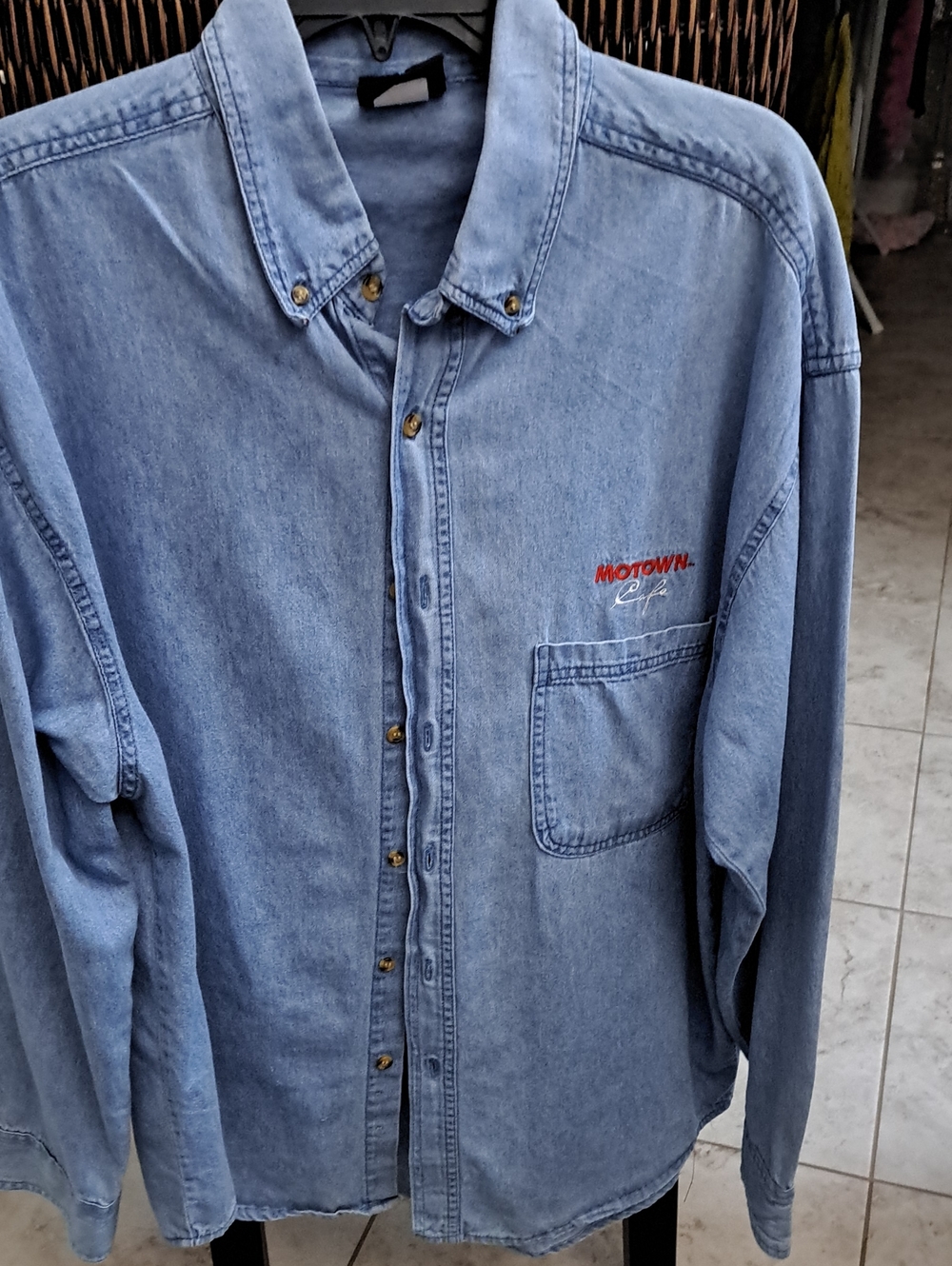Motown Logo Light Blue Denim Button-Down Shirt for Men